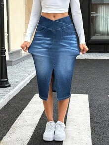 SHEIN Essnce Chân váy denim bó sát xẻ eo phối màu cho nữ - Màu xanh lam - Xem 7