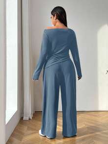 SHEIN EZwear 2 件套朦胧蓝色长袖 T 恤和裤子针织套装，修身大码女款 - 霧霾藍 - 查看 2