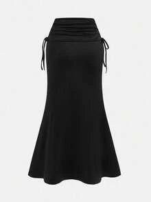 SHEIN Girlism Teen Girls High Waisted Side Drawstring Waist With Pleated Hem And Mermaid Hemline Long Black Skirt