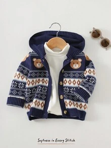 Cozy Pixies Baby Boy Cartoon Bear Pattern Knitted Soft Crew Neck Cardigan Autumn Winter Clothes For Girl Baby Boy Cardigan Baby Hooded Cardigan - Blue - View 1