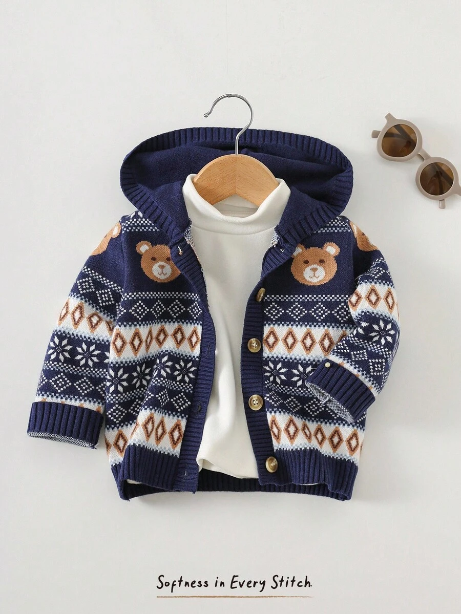 Cozy Pixies Baby Boy Cartoon Bear Pattern Knitted Soft Crew Neck Cardigan Autumn Winter Clothes For Girl Baby Boy Cardigan Baby Hooded Cardigan - Blue - View 1