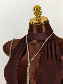 Amplova Mesh Deep Draped Neck Halter Backless PU Patchwork Bodysuit