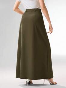 Heiryn 女士纯色半身裙，适合通勤 - 軍綠色 - 查看 2