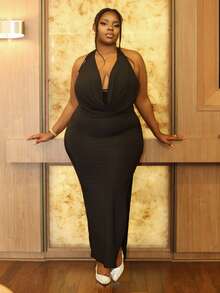 Hourglow Ceceforeign_ Plus Size Women's Minimalist Basic Dress, Elegant Ruched Front Halter Slit Backless Long Dress For Dating, Vacation, School, Formal Occasions, Black, Autumn,Birthday Dresses For Women, For Hourglass Body Shape, For Body Shape, For Summer - Black - View 3