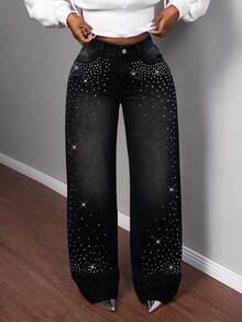 Slaydiva Women's Rhinestone Pocket Wide Leg Loose Casual Jeans