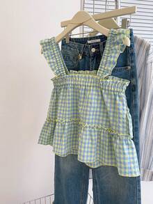 SHEIN PETITE CURVE 大码女式荷叶边格子短袖衬衫