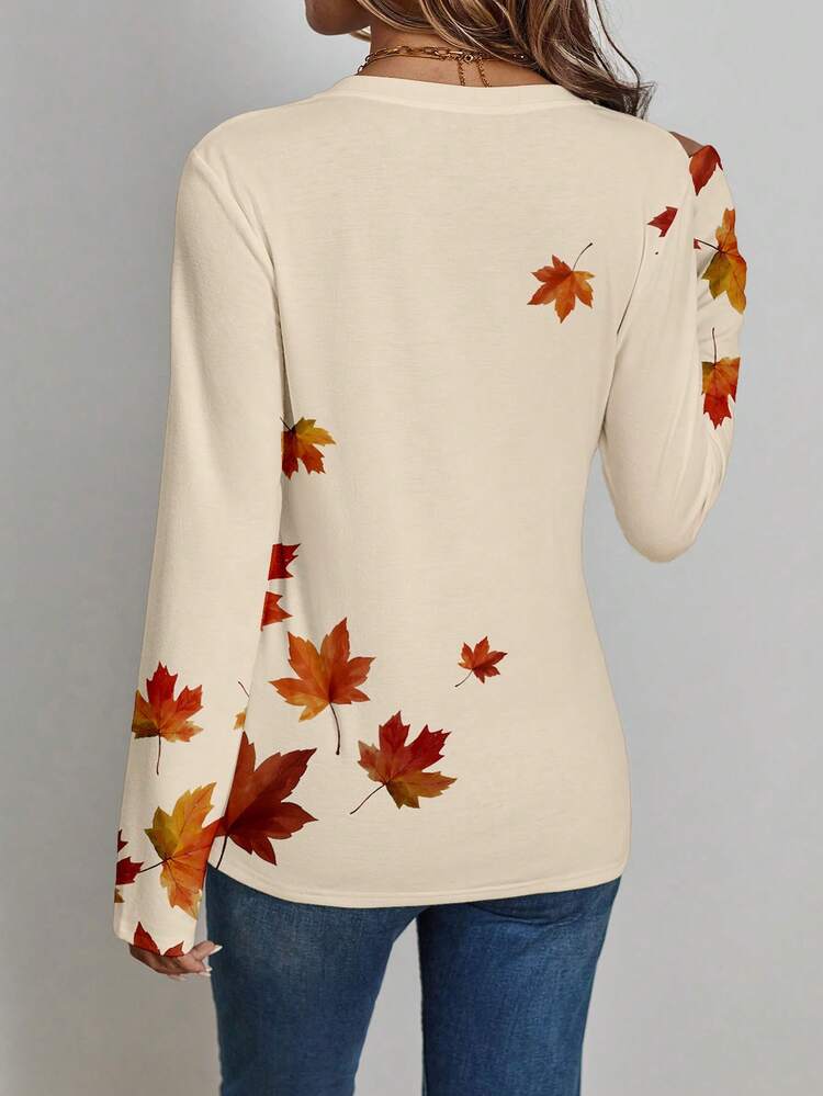 Women's V-Neck Maple Leaf Print Casual Long Sleeve T-Shirt, Autumn/Spring V Neck Tops Fall Tops Fall Shirts Cream Tops For Women Long Sleeve Fall Tops,Fall,Fall Clothes For Women