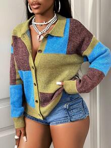 SHEIN BamGlam Áo len cardigan nữ dệt kim dài tay cổ polo nút xanh lá cây xanh lam nâu vuông rộng rãi du lịch thường ngày tiệc tùng quần áo nữ phong cách xuân thu mùa hè đông thu - Nhiều màu - Xem 3