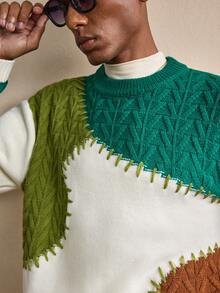 AKNOTIC Men's Casual Loose Fit Colorblock Crew Neck Long Sleeve Sweater, Autumn/Winter, Christmas