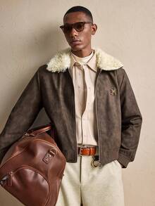 AKNOTIC Business Casual Men's Vintage Metal Decor Furry Collar Jacket, Autumn/Winter, Grunge, Christmas