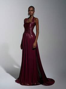 Elitara Elegant And Gorgeous Wine Red Fine Glitter Gold And Silver Thread Handmade Pleated Decoration Neck Suspenders Twisted Waist Decoration A-Line Belt Extra Long Piece Tail Suitable For Parties, Dates, Happy Holidays, Weddings, Formal Occasions Dinner Dress (Heavy Style) - Burgundy - View 1