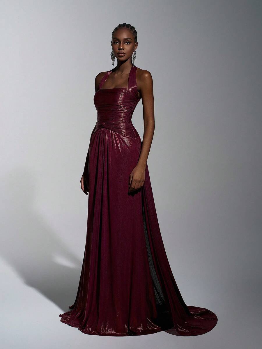 Elitara Elegant And Gorgeous Wine Red Fine Glitter Gold And Silver Thread Handmade Pleated Decoration Neck Suspenders Twisted Waist Decoration A-Line Belt Extra Long Piece Tail Suitable For Parties, Dates, Happy Holidays, Weddings, Formal Occasions Dinner Dress (Heavy Style) - Burgundy - View 1