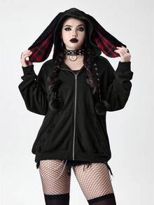 ROMWE Grunge Punk 秋季女装亚文化格子拼接金属环人造毛皮拼接宽松长袖拉链卫衣 - 黑色 - 查看 5