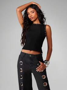 MISSGUIDED Black Ribbed Knit Tank Top With Metal Eyelet Trim Detail For Casual Everyday Wear - Black - View 5