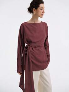 Aalyst Women's Linen Twill Street Style Vacation Office Commute Casual Off-Shoulder Loose A-Line Waist Tie Long Shirt Blouse, Spring/Autumn/Winter - Burgundy - View 6