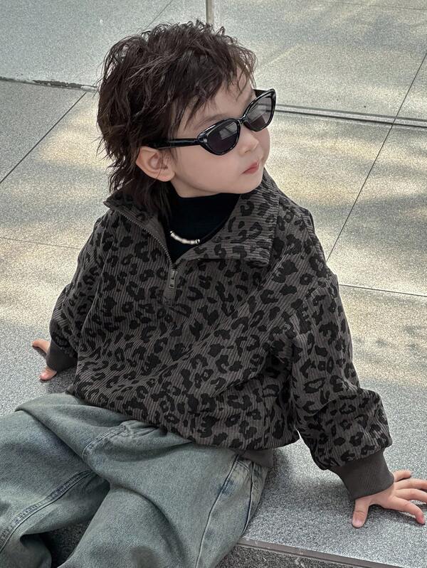 Dazy Kids Toddler Boys' Loose Fit Leopard Print Collar Sweatshirt, Casual For Autumn