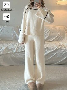 SHEIN 少女立领毛衣套装，撞色喇叭袖毛衣和松紧腰紧身裤，长袖条纹休闲套头毛衣，优雅柔软，长袖上衣学院风服装学院风服装学院风毛衣粗针织毛衣 V 领毛衣/万圣节/圣诞节女士秋冬服装 - 彩色 - 查看 2