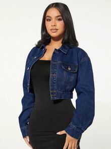 Slaydiva 大码休闲水洗短款牛仔夹克 - 藍色 - 查看 1