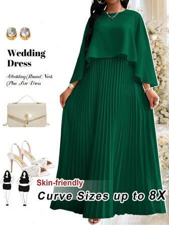 SHEIN CURVE+ 大码女式绿色褶皱斗篷设计连衣裙、教堂礼服、婚礼宾客礼服、圣诞派对礼服