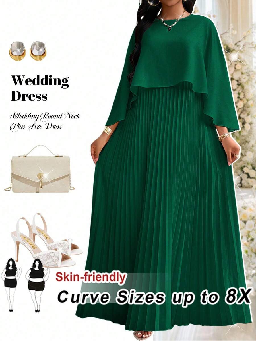 SHEIN CURVE+ 大尺碼女款深綠色百褶披肩設計洋裝,正式洗禮賓客、新娘母親、婚禮賓客,秋季優雅 - 綠色 - 查看 1