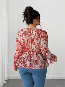 Elenzga 大码女式衬衫，蓝白宫廷花卉腰部荷叶边雪纺衬衫，优雅花卉饰边设计，适合返校、毕业、情人节、音乐节、母亲节、万圣节、感恩节、复活节、国庆节、联欢晚会、约会派对、婚礼季、户外旅行 - 紅色 - 查看 2