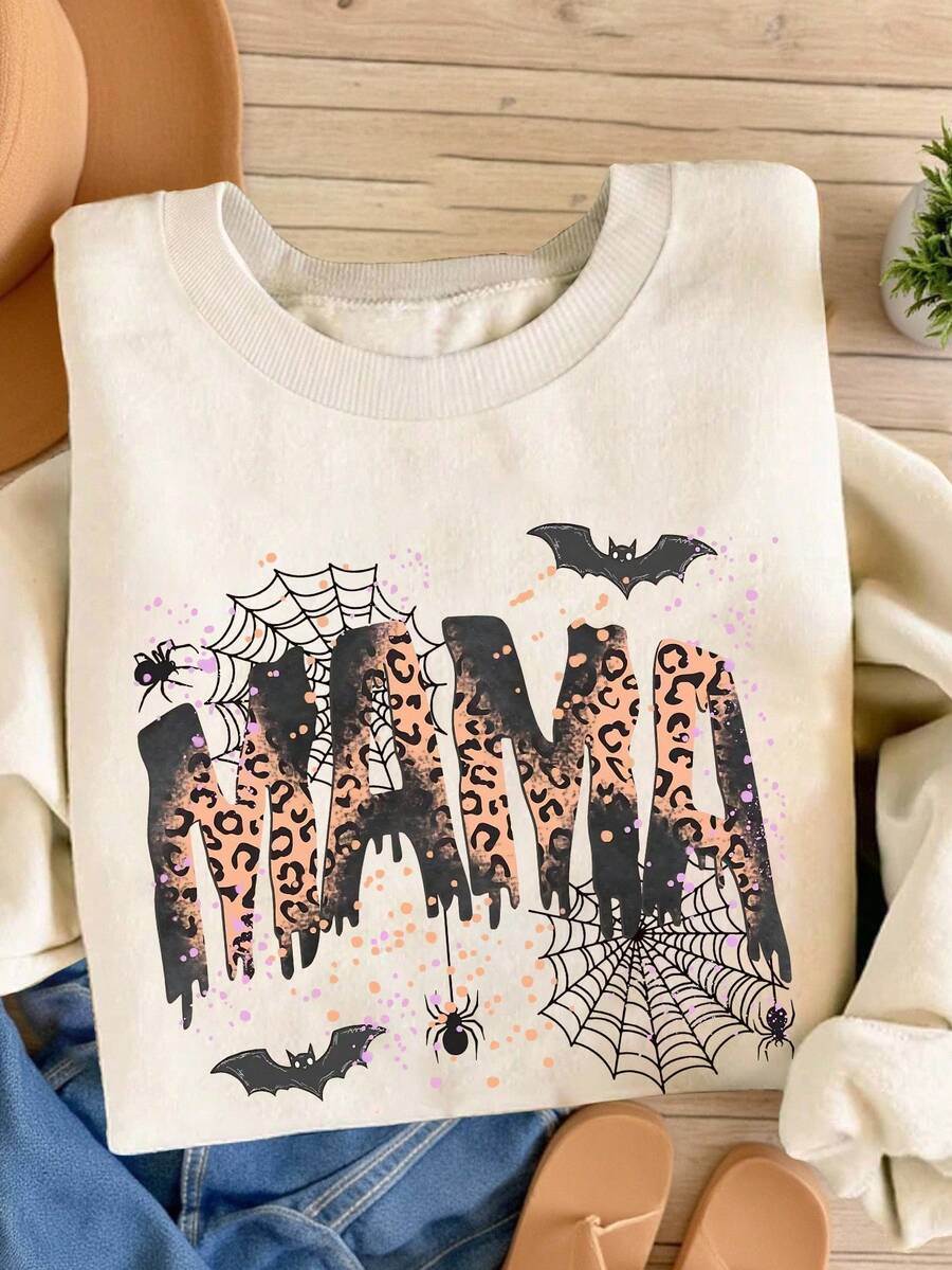 INAWLY Halloween Leopard Print Mom, Funny Halloween Mom, Halloween Gift For Mom, Horror Season Design, Women Crew Neck Graphic Sweatshirt Pullover Fall - Apricot - View 1