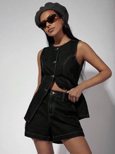 COSMINA 女士单排扣背心短裤休闲宽松牛仔套装