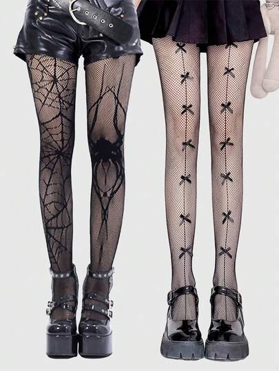 Goth 2 paia di collant a rete con disegno di ragni e pipistrelli, per Ognissanti
