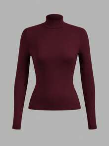 Fluxe Women's Regular Fit Solid Color Knit Long Sleeve Crew Neck T-Shirt Tight Tops Stand Collar Top - Burgundy - View 3