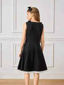 Tween Girl Elegant Lace Trim Sleeveless Dress - Navy Blue - View 2