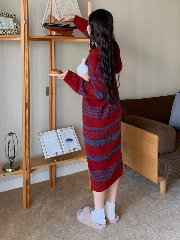 Women's Loose Fit Hooded Midi Lounge Dress With Half Fleece Striped Jacquard Pattern, Winter Fluffy , Cozy Outfit, Moo Moo Night Dress