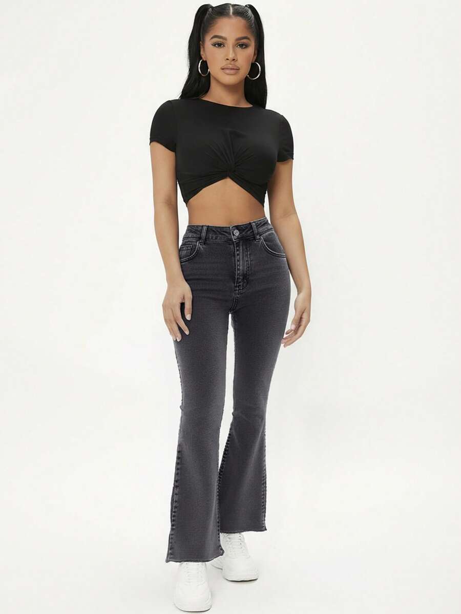 EURMUSE Solid Color Pocket Casual Skinny Flare Leg Jeans - Light Grey - View 1