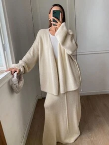 Livesso Women's Autumn V-Neck Loose Sweater Top And Casual A-Line Skirt 2 Pieces Set