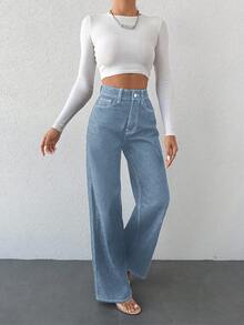 SHEIN 女式高腰口袋阔腿宽松休闲百搭牛仔裤 - 淺色水洗藍 - 查看 3