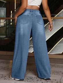 RueChic Calça jeans feminina plus size cintura alta bolsos perna larga solta casual versátil - Baby Azul - Ver 2