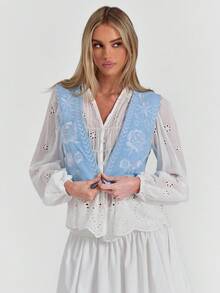 SHEIN Forever 21 秋季女式花卉刺绣马甲 - 藍色 - 查看 4