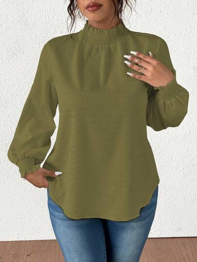 Vionelle Plusstorlek Enfärgad Tryckknappskrage Casual Långärmad Texturerad Skjorta Puffärmad Blusblusar Eleganta vita Damblusarblusar Vit