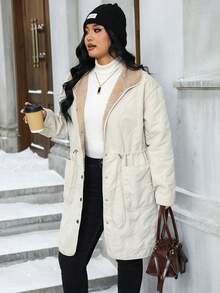 Calvaya Plus Size Quilted Long Sleeve Stand Collar Cinched Waist Padded Coat - Khaki - View 4