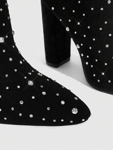 CUCCOO SZL Women's Pointed Toe High Heel Elastic Rhinestone Socks Boots - Black - View 4