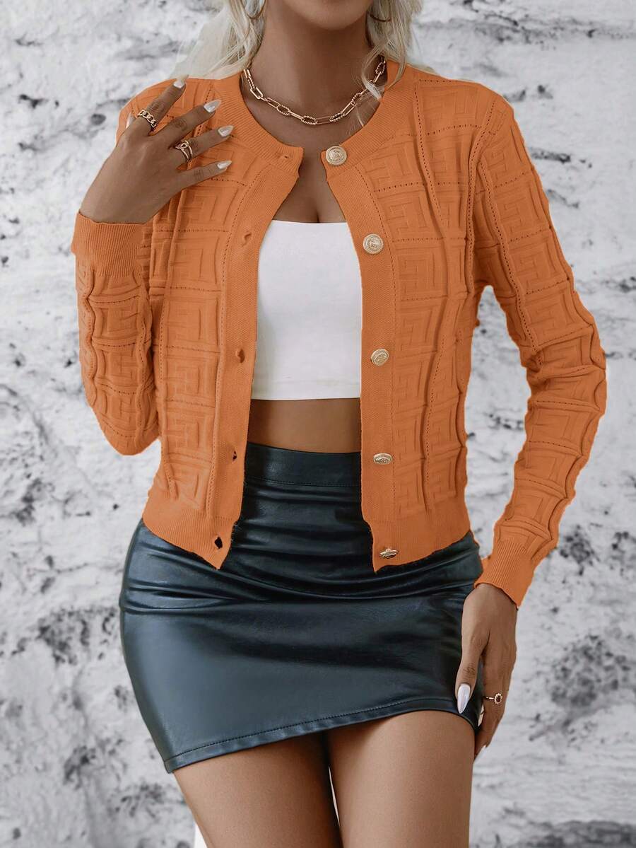 EMERY ROSE Women's Casual Commuter Lightweight Cardigan, Solid Color Greek Fret Knit, Autumn - Burnt Orange - View 1