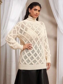VOLUPTÉ CURVE 大码女式休闲宽松高领套头毛衣，纹理针织面料，落肩设计，长袖，罗纹下摆，舒适百搭，适合情人节和春季穿着。 - 米色 - 查看 3