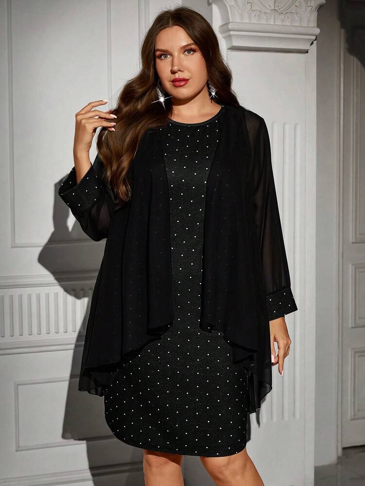 Plus Size Women Black Asymmetric Open Front Jacket And Polka Dot Print Sleeveless Dress Elegant 2 Piece Set  Party Dress Elegant Dresses For Party Winter Clothes For Women  Fall Clothes For Women New Year Clothes Elegant Women's Set Elegant Women's Set Winter Clothes For Women Cozy Fall And Winter Clothes For Women Elegant Dresses For Ladies
