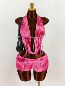 Amplova 深垂领露背短款上衣和破洞迷你短裤两件套 - 玫紅色 - 查看 2