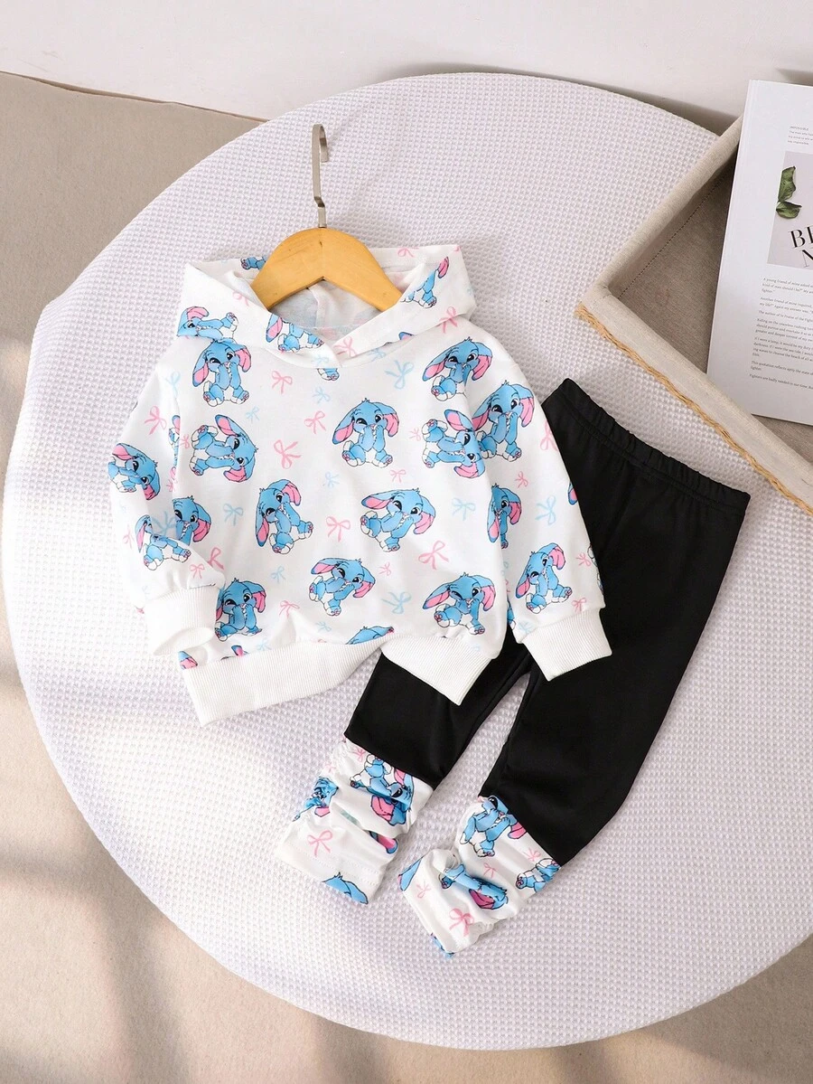 SHEIN 2pcs Girls Cute Stitch Hoodie Sweatshirt Set + Patchwork Leggings, Autumn/Winter