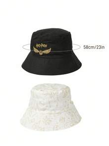 HARRY POTTER X SHEIN 双面时尚黑色渔夫帽，金色飞贼刺绣，优雅百搭，适合日常佩戴和防晒