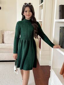 SHEIN 青少年女孩休闲日常绿色高领修身 A 字形毛衣裙，圣诞秋冬女孩服装 - 綠色 - 查看 4