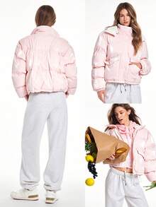 GLOWMODE Áo khoác phồng Chic In Warmth Shine Down Glossy Soft Cozy Zipper Snap Button Closure Drawning Bow Many Hood Offable Hood Jacket Autumn Winter Outdoors Daily Casual Wear - Hồng - Xem 9