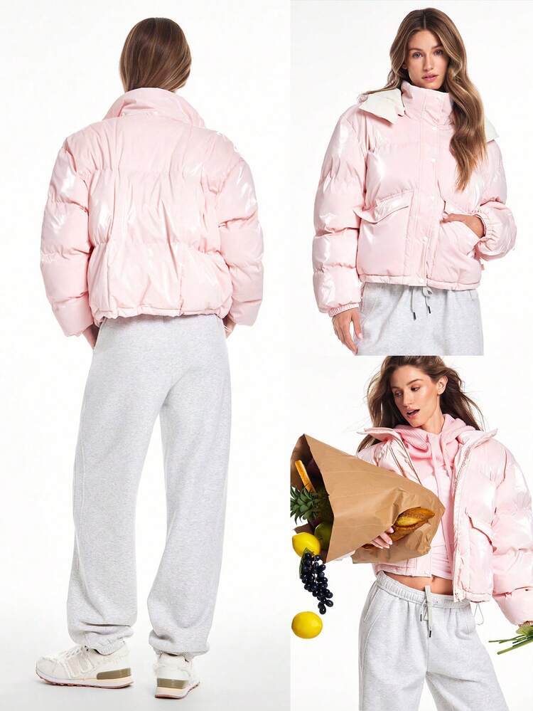 Chic In Warmth Shine Down Glossy Soft Cozy Zipper Snap Button Closure Drawstring Hem Waist Length Detachable Hood Puffer Jacket Autumn Winter Outdoors Daily Casual Wear