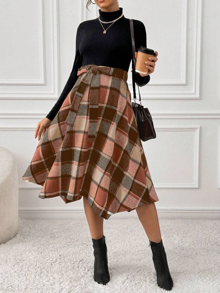 SHEIN 孕妇罗纹拼布格子系带高领长袖优雅连衣裙,秋冬 - 橘色 - 查看 1