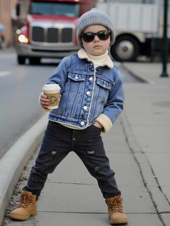 2025 秋冬新品男童牛仔夹克，保暖内衬厚牛仔夹克，复古水洗牛仔蓝，羊羔绒衬里，修身剪裁，适合日常穿着、上学、通勤、居家、返校季小女孩牛仔夹克女童夹克儿童牛仔夹克小女孩夹克儿童牛仔夹克